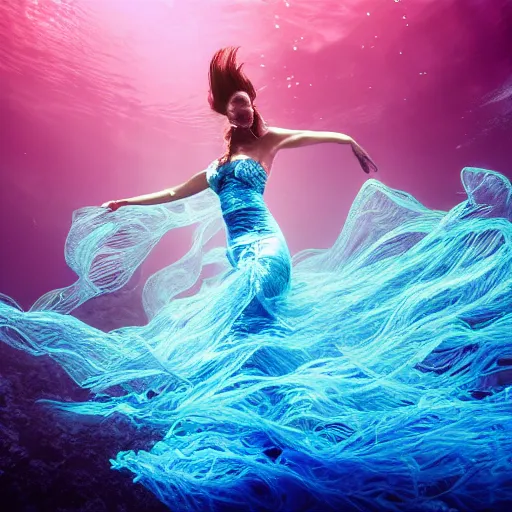 Image similar to woman dancing underwater wearing a flowing dress made of many translucent layers of blue, magenta, and yellow lace seaweed, delicate coral sea bottom, swirling silver fish, swirling smoke shapes, unreal engine, caustics lighting from above, cinematic, hyperdetailed