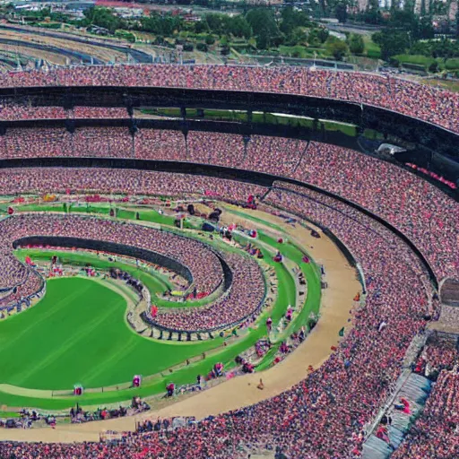 Prompt: a racetrack with a massive huge looping construction. thousands of people watching.