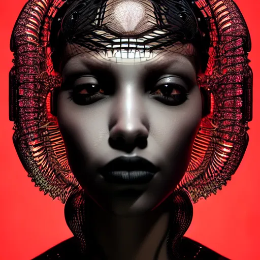 Image similar to portrait of an absurdly beautiful, graceful, sophisticated, fashionable black cyberpunk mechanoid gravure idol, hyperdetailed illustration by irakli nadar, matt wisniewski style, intricate linework, dark black porcelain skin, jellyfish headdress, electronic veil, unreal engine 5 highly rendered, global illumination, red light, detailed and intricate environment