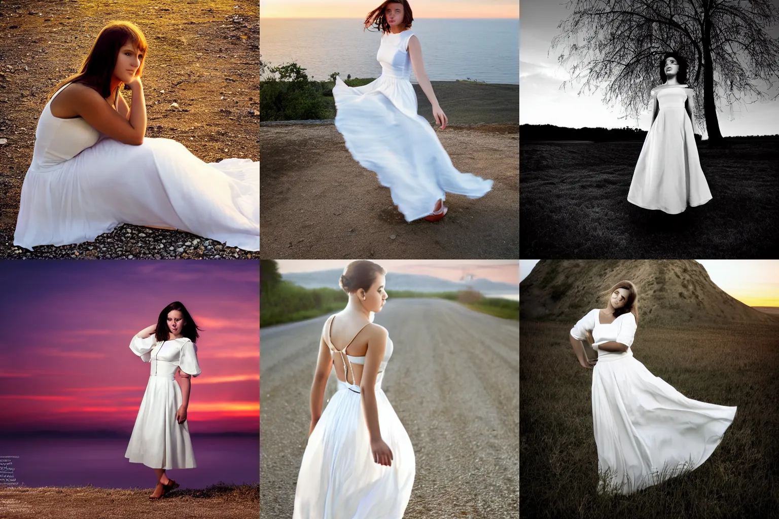 Prompt: a photo of a young woman in a white dress at sunset by Joe McNally, photography in the style of Joe McNally