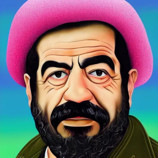 Image similar to professional portrait of saddam hussein wearing a pink puffy jacket and a bucket hat, rainbow background, 8 k, very detailed, very intricate,