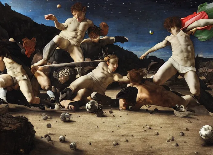 Image similar to a soccer match on the moon by edgar maxence and caravaggio and michael whelan and delacroix style, artistic, intricate painting, cinematic lighting, hyper realistic, extremely detailed, establishing shot, 8 k resolution, dramatic lighting