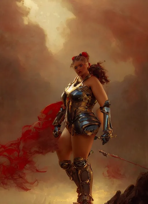 Image similar to beautiful anorei collins bbw plumper big girl wearing tiny red steel armour, detailed by gaston bussiere, bayard wu, maxim verehin, greg rutkowski, masterpiece, sharp focus, cinematic lightning