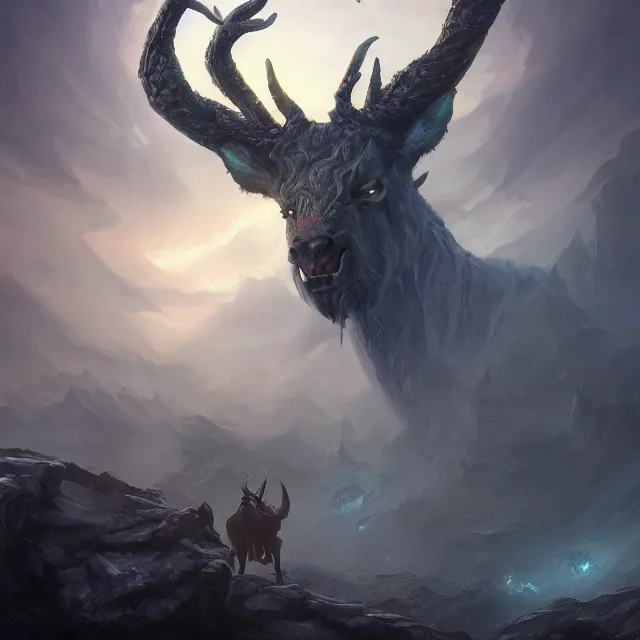 Prompt: in 5. 1 3 s for @ entwan's! dream giant warrior stag in a vortex of rock, 8 k resolution matte fantasy painting, cinematic lighting, deviantart artstation, jason felix steve argyle tyler jacobson peter mohrbacher