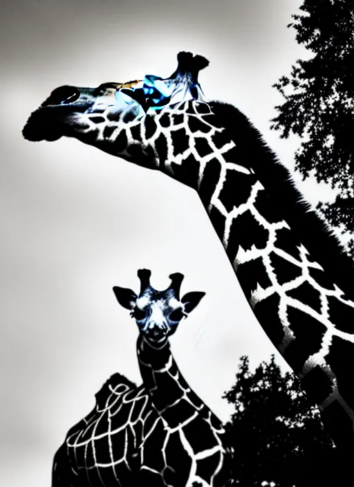 Image similar to two giraffe black and white portrait white sky in background