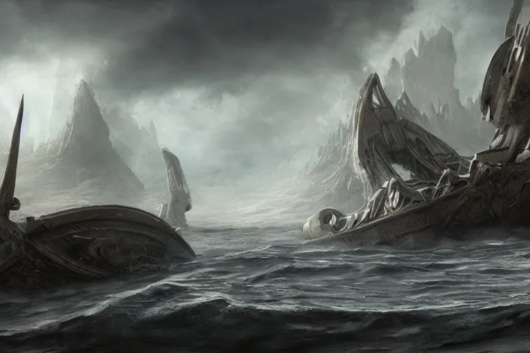 Prompt: A battered Trireme, Scylla and Charybdis and an ancient boat by Jessica Rossier and HR Giger cinematic concept painting