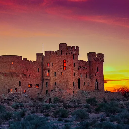 Prompt: an elaborate old ramshackle castle built on top of a desert mesa at sunset, orange and purple coloring, digital art