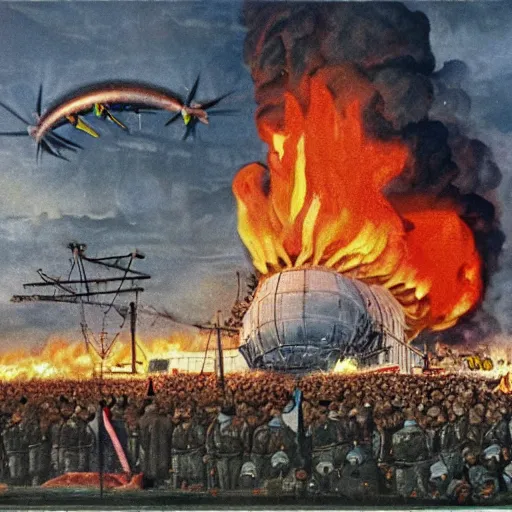 Image similar to Hindenburg disaster, colored, detailed