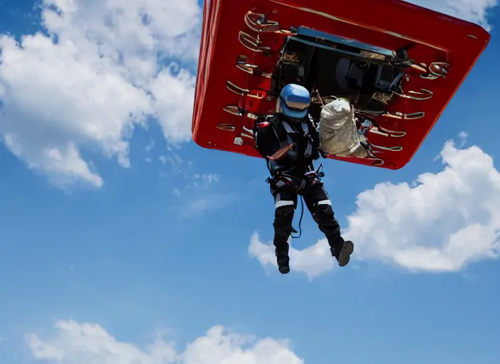 Image similar to man with a jetpack flying over red lobster restaurant with blue sky and clouds