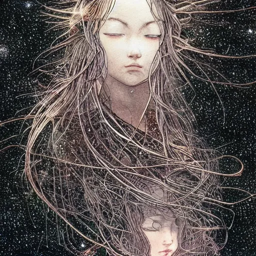 Prompt: tumultuous, aesthetic by ian miller, by makoto shinkai cubic zirconia. assemblage. a beautiful illustration of a young girl with long flowing hair, looking up at the stars. she appears to be dreaming or lost in thought.