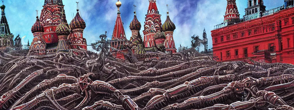 Prompt: alien predator attacks moscow red square. extreme long shot. art by Leonardo da Vinchi. extremely high detail