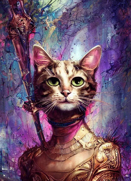 Image similar to a humanoid cat with a sword, Atmospheric beautiful by Stanley Artgerm, Tom Bagshaw, Arthur Adams, Carne Griffiths, trending on Deviant Art, street art, face enhance, chillwave, maximalist, full of color, glittering, 8k, hd