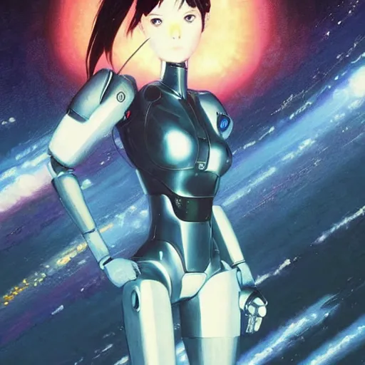 Prompt: a space realistic robot | | very anime, fine - face, realistic shaded robotic parts, fine details. anime. realistic shaded lighting poster by ilya kuvshinov katsuhiro otomo ghost - in - the - shell, magali villeneuve, artgerm, jeremy lipkin and michael garmash, rob rey and kentaro miura style, trending on art station