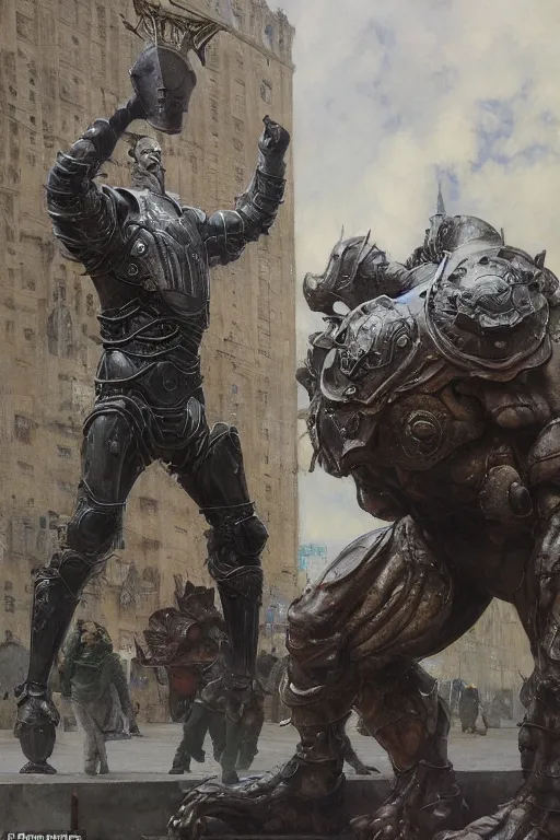 Image similar to scientists in a plaza observe a martyn ford as a huge bipedal brute wearing armour, painted by ruan jia, raymond swanland, lawrence alma tadema, zdzislaw beksinski, norman rockwell, jack kirby, tom lovell, alex malveda, greg staples