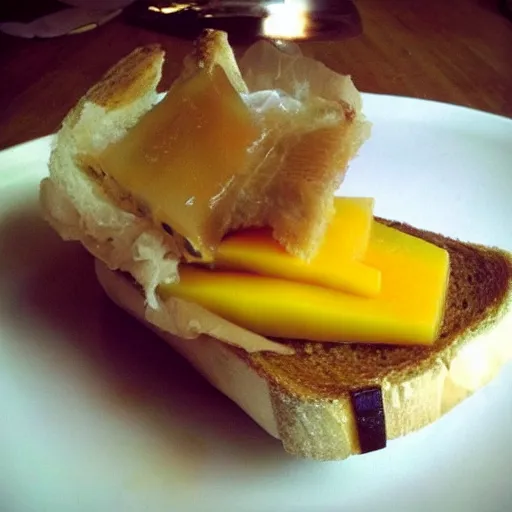 Prompt: sandwich with foie gras and honey and mango, bad, grainy and blurry amateur photo