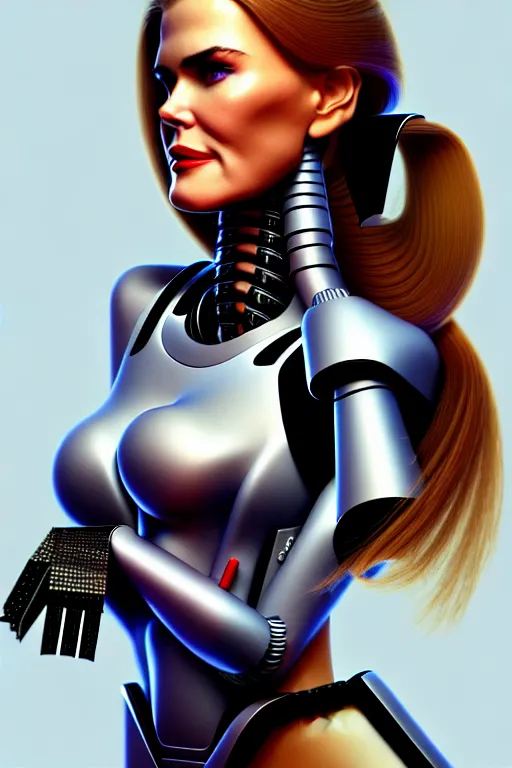 Image similar to mix of beautiful young maria shriver, mariel hemmingway, brooke shields, nicole kidman and elle macpherson as a cyborg terminator, thin lips, hair tied up in a pony tail, dark blonde hair, colorful, artstation, cgsociety