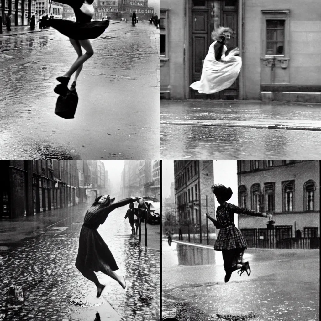 Prompt: A woman wearing a dress leaping over a large puddle in the street, the decisive moment photographed by Henri Cartier-Bresson on a Leica camera