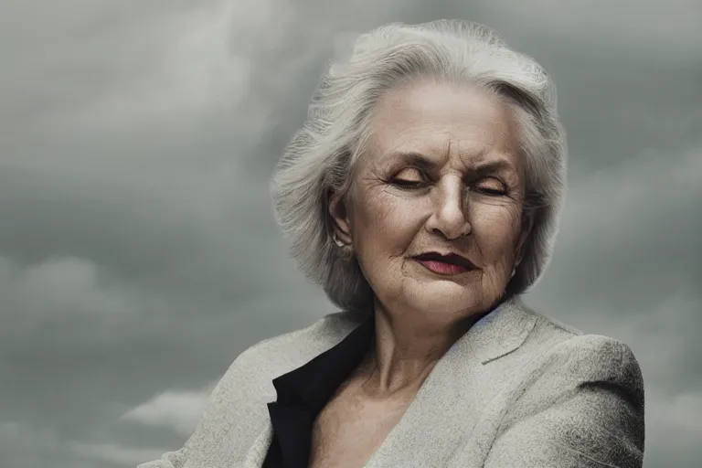 Image similar to a realistic studio cinematic headshot portrait of an old beautiful woman on top of skyscaper, wearing futuristic white suit, ceo, 4 k, ultra realistic, dramatic lighting, rain, clouds, fog, vogue, fashion, magazine spread, by annie leibovitz