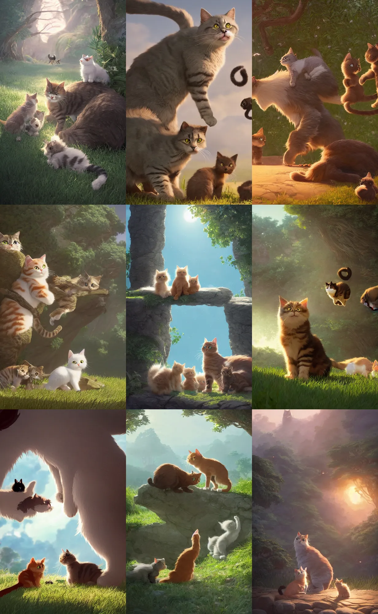 Prompt: a wholesome illustration of a Cat protecting its kittens from eagles, studio Ghibli, Pixar and Disney animation, sharp, Rendered in Redshift and Unreal Engine 5 by Greg Rutkowski, Bloom, dramatic lighting