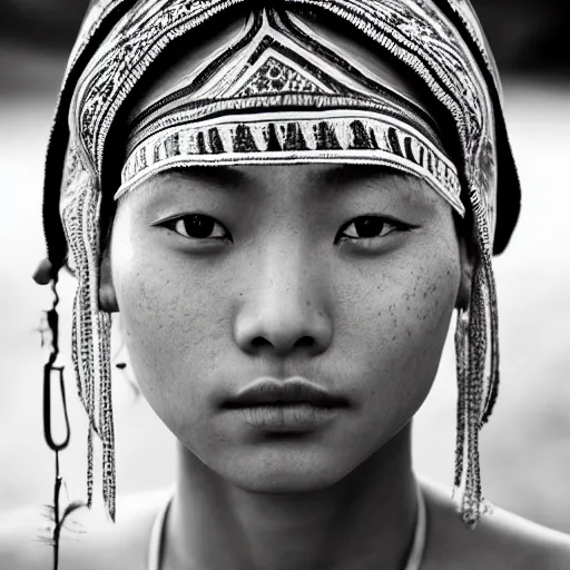 Image similar to portrait of a stunningly beautiful asian tribal female, freckles, olive skin, shining eyes, depth of field, zeiss lens, detailed, symmetrical, centered, fashion photoshoot, by Annie Leibovitz and Steve McCurry, David Lazar, Jimmy Nelsson, Breathtaking, 8k resolution, extremely detailed, beautiful, establishing shot, artistic, hyperrealistic, beautiful face, octane render