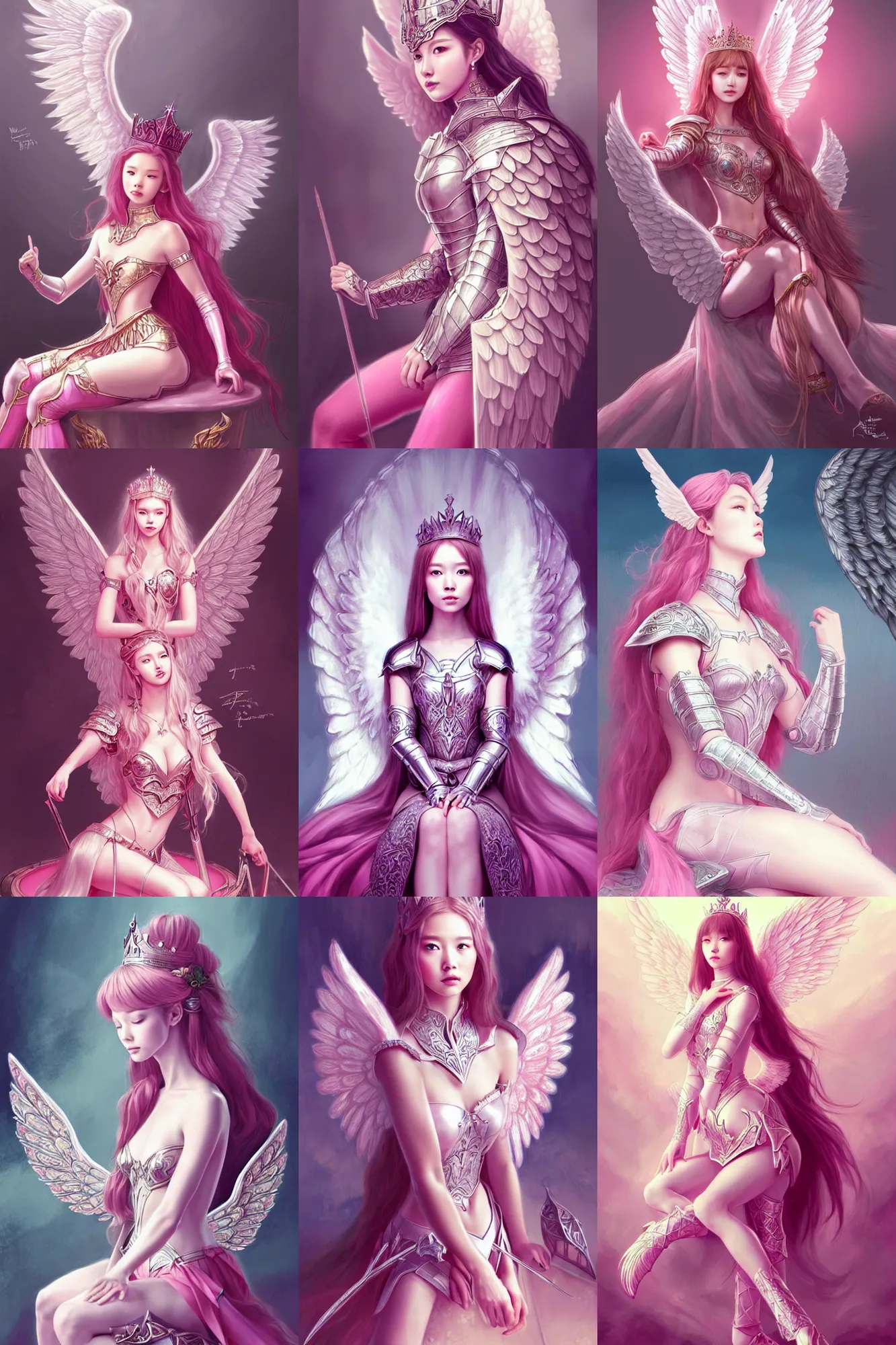 Prompt: gorgeous!! hyper - realistic princess wearing ornate pink knight armor, angel wings l sitting at the thrown | illustration | drawn by wlop, drawn by jeehyung lee, drawn by artgerm