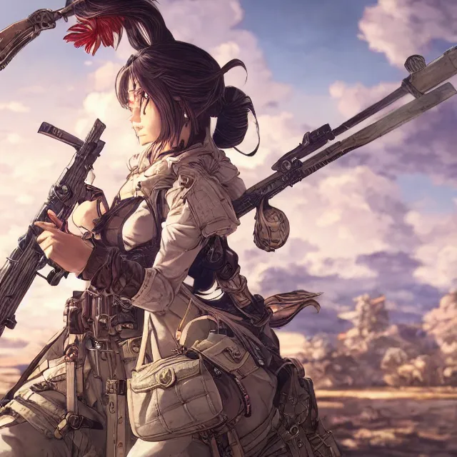 Image similar to the portrait of lawful neutral semi - colorful female infantry gunner as absurdly beautiful, gorgeous, elegant, young anime girl, an ultrafine hyperdetailed illustration by kim jung gi, irakli nadar, intricate linework, bright colors, octopath traveler, final fantasy, unreal engine 5 highly rendered, global illumination, radiant light, detailed and intricate environment