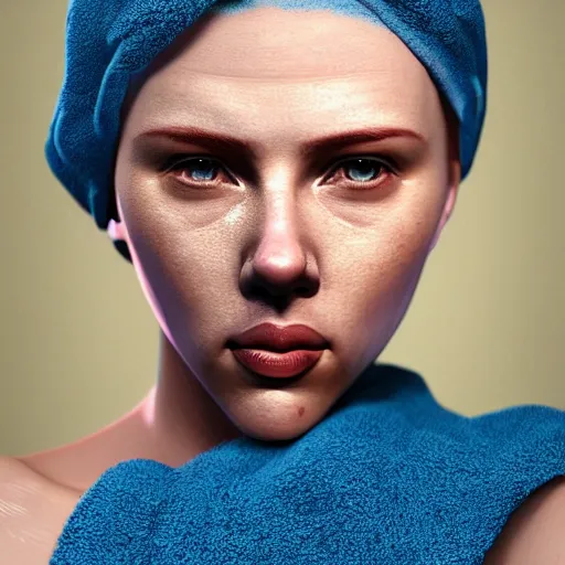 Image similar to scarlett johansson blue hair wrapped in a towel getting out of the shower, 3 d render, hyper - realistic detailed portrait