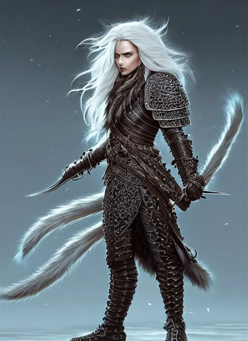 Image similar to fur leather armor!!! long wild white hair!! covered chest!!! fantasy, d & d, intricate ornate details, symmetry, concept art, sharp focus, illustration, art by artgerm! greg rutkowski magali villeneuve wlop! ilya kuvshinov!!, octane render, unreal engine 5, highly rendered!!