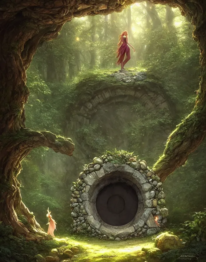 Image similar to Fantasy Magical fairy-tale stone portal in the forest. Round stone portal teleport in trees to other worlds. Fantastic landscape. Magic Altar in the fores, highly detailed, digital painting, artstation, concept art, smooth, sharp focus, illustration, art by artgerm and greg rutkowski and alphonse mucha