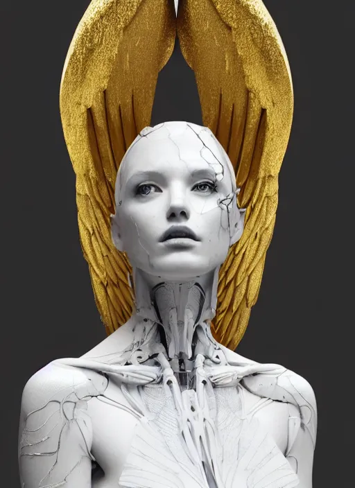 Image similar to a statue made of white marble with gold veins, of an beautiful gorgeous futuristic cybernetic angel girl, prostheses, transhumanism, full body shot, perfect symmetrical body, perfect symmetrical face, hyper realistic, hyper detailed, by johannen voss, by peter kemp, by monia merlo, by michelangelo, octane render, blender, 8 k