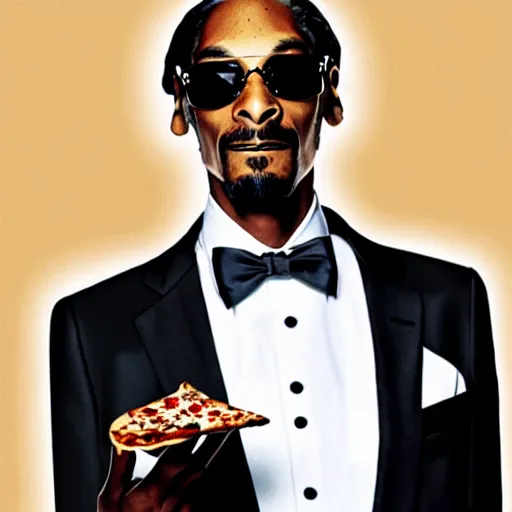 Image similar to photograph of snoop dogg in a white tuxedo eating pizza