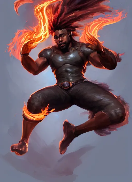 Image similar to a highly detailed illustration of attractive young black guy with tall hair with flaming feet, heroic kicking pose, intricate, elegant, highly detailed, centered, digital painting, artstation, concept art, smooth, sharp focus, league of legends concept art, wlop