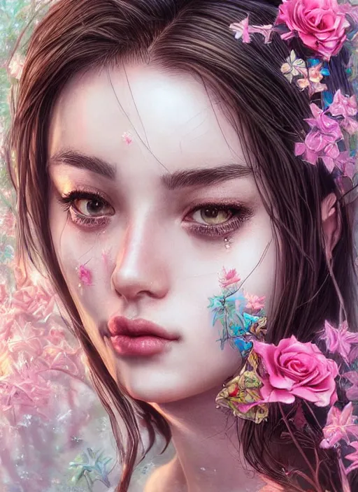 Prompt: beautiful, young woman, extremely detailed gorgeous face, looks realistic, hyper-detailed portrait, sad eyes tears, vaporwave aesthetic, synthwave, magical, fantasy, flowers, artist Artgerm i and WLOP