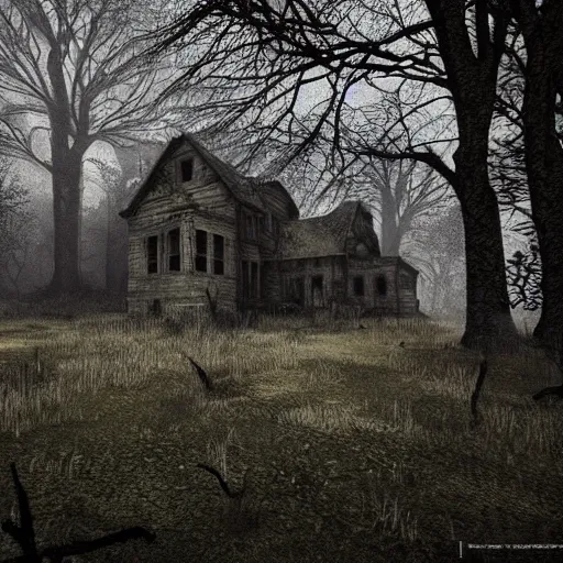 Prompt: old cursed creepy manor in forest location, ultra realistic, dark atmosphere, dark ambient