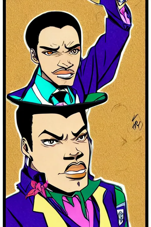 Prompt: Martin Luther King as Jotaro Kujo JoJo from JoJo\'s Bizarre Adventure, anime drawing by Hirohiko Araki, vivid colors, colorful fashion