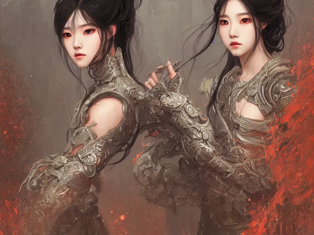 Image similar to portrait jisoo blackpink, grey hair armored samurai clothes, in fire japanese temple wet night, ssci - fi and fantasy, intricate and very very beautiful and elegant, highly detailed, digital painting, artstation, concept art, smooth and sharp focus, illustration, art by tian zi and wlop and alphonse mucha