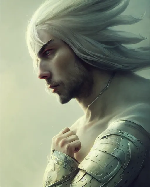 Prompt: male portrait, handsome, detailed white long hair, intricate assasin armor, complex 3 d render by ilya kuvshinov, peter mohrbacher, greg rutkowski, ryohei hase, dramatic lighting, intricate, highly detailed, sharp focus, luminous, unreal engine, blender, deviant art, masterpiece, ray tracing
