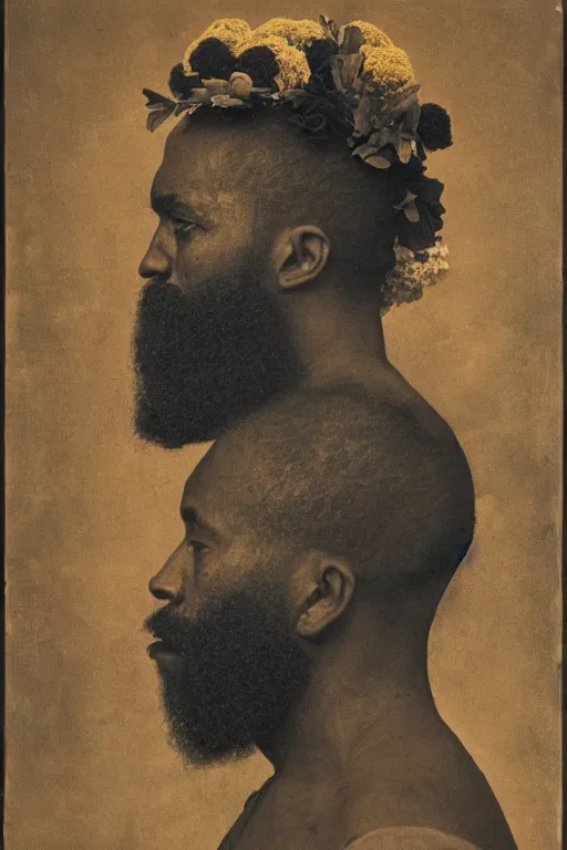 Prompt: an African American man's face in profile, long beard, made of flowers and fruit, in the style of the Dutch masters and Gregory crewdson, dark and moody