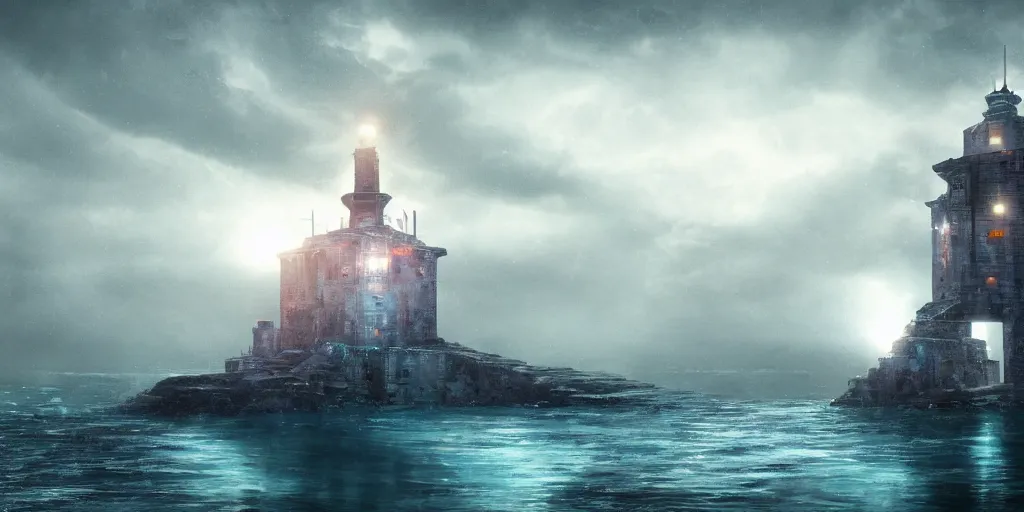 Prompt: a futuristic fortress tower in the middle of the rainy ocean, highly realistic concept art, blue cold atmosphere, but there is a read light glowing under the fortress, perfectly symmetric composition, great lighting, chiaroscuro, phorohraphy, cinematography, high quality, on trending, beautiful, 4 k
