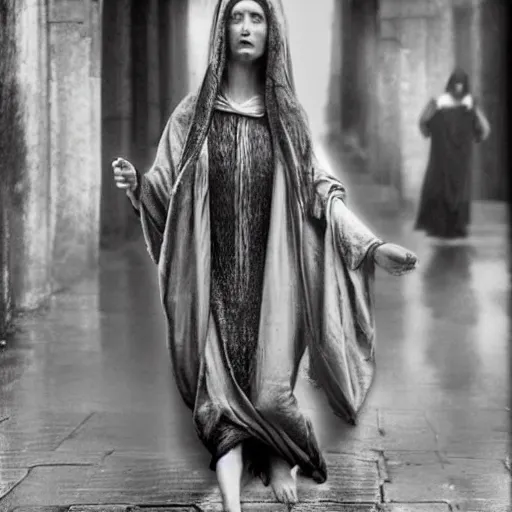 Prompt: amazing photo of mary magdalene in real life, walking in a city street