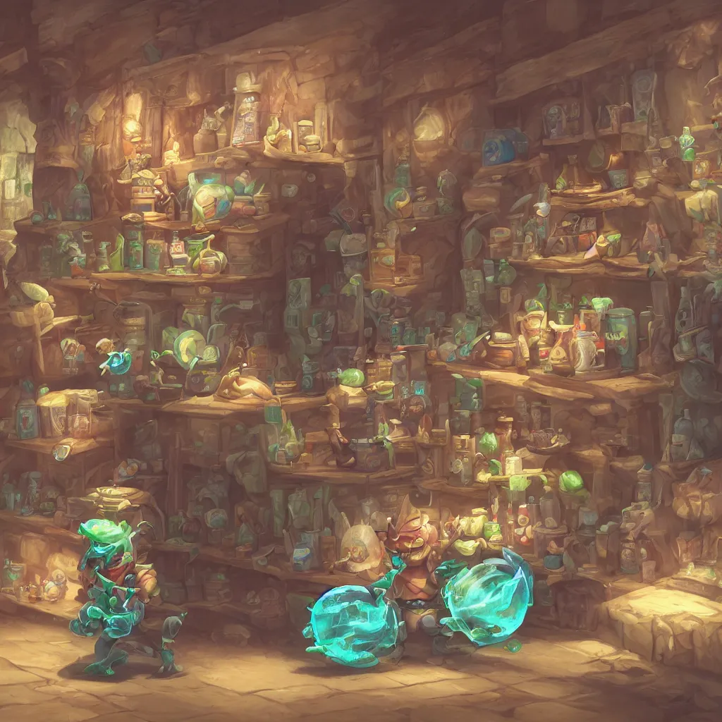 Prompt: an imp in a store contemplating which brand of water to buy while shopping, digital painting, illustration, high quality, fantasy, wooden interior, league of legends