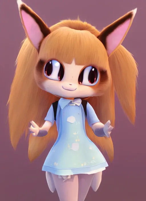 Prompt: female eevee mini cute girl, character adoptable, highly detailed, rendered, ray - tracing, cgi animated, 3 d demo reel avatar, style of maple story and zootopia, maple story eevee, fluffy, dark skin, cool clothes, soft shade, soft lighting, portrait pose