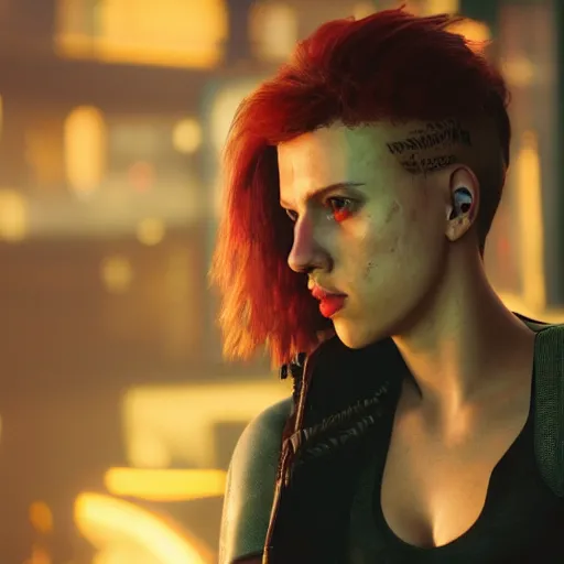 Image similar to bruised scarlett johansson after a bad mission in Cyberpunk 2077. CP2077. 3840 x 2160