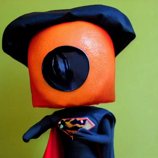 Prompt: an orange fruit character, little black eyes, wearing a superhero cape