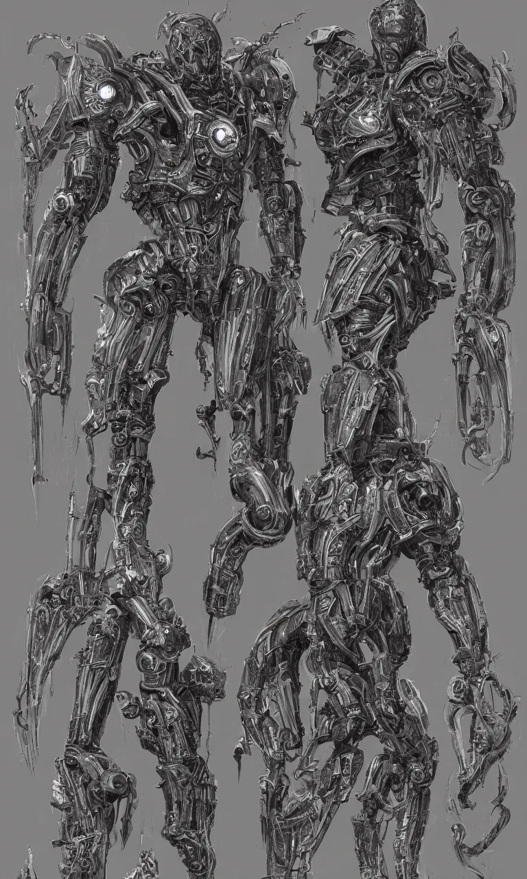 Prompt: full page scan of 1 7 0 0 concept art, a occult robot armor, character design, symmetrical fullbody rendering, bliblical, inspired by elden ring, by hr giger, sadan vague, yoji shinkawa, craig mullins, emil melmoth, artstation, highly detailed, 4 k post - processing, 8 k resolution + dof