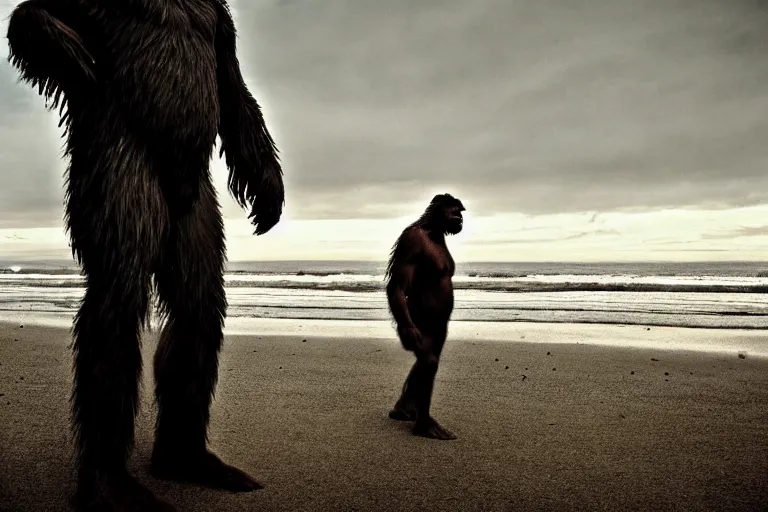 Prompt: cinematography portrait of Bigfoot on the beach in Santa Monica by Emmanuel Lubezki