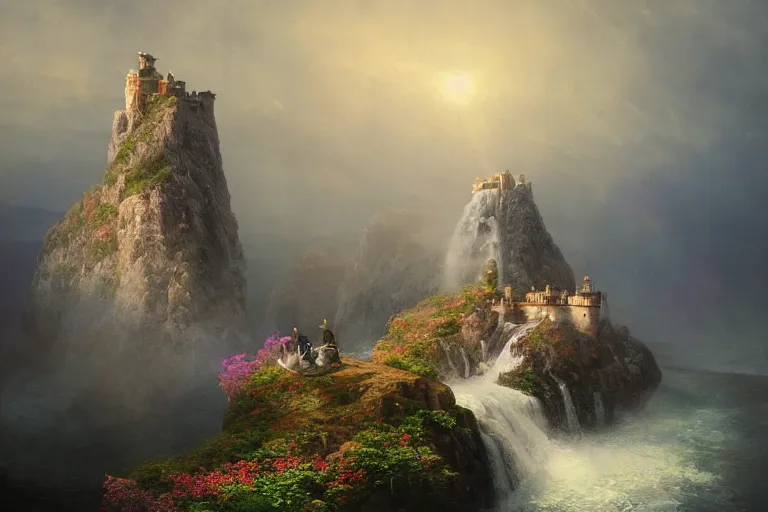 Image similar to castle at the top of a mountain, waterfall below, rainbow, sundown, oil painting by Ivan Aivazovsky and Greg Rutkowski, artstation, fantasy, intricate, beautiful, cinematic, octane render, arnold render, 8k, hyper realism, detailed, sharp focus, 4k uhd, masterpiece, award winning