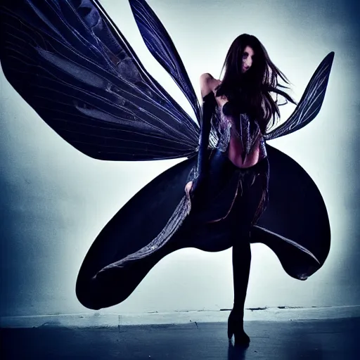 Prompt: a dark cyberpunk faerie with large wings in a dynamic pose, photographed by Merkley???, Svetlana Belyaeva, Photorealistic, professional photo, Zeiss 50mm F 10, dynamic lighting, cinematic