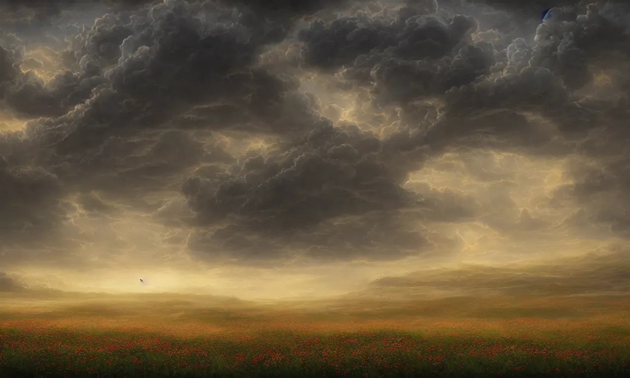 Image similar to breathtaking digital painting of a plains landscape in luxurious nature, with intricate art nouveau moody dark tumultuous clouds, at dawn with roses and golden petals flying, concept art, matte, by johannes voss and seb mckinnon,