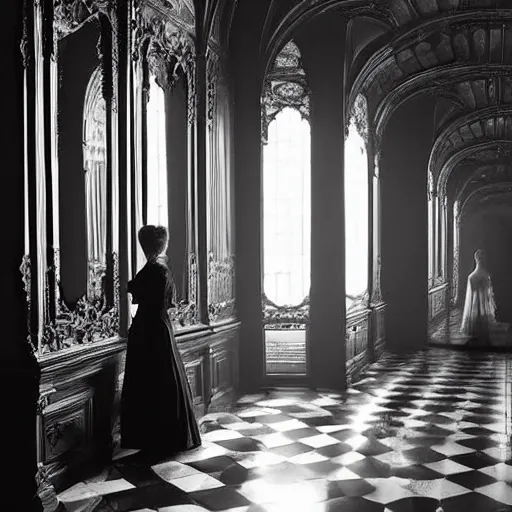 Image similar to a beautiful victorian woman is frightened by her doppleganger in a mirror. she is in a long hallway of mirrors. victorian interior, with many mirrors, elegant design, haunting atmosphere, dark lighting, gothic, horror style, swirling fog, volumetric lighting, by greg rutkowski, realistic, low angle, 3 / 4 view.